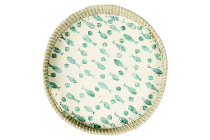 Vassoio tondo in giunco marino con mosaico in madreperla pesci blu